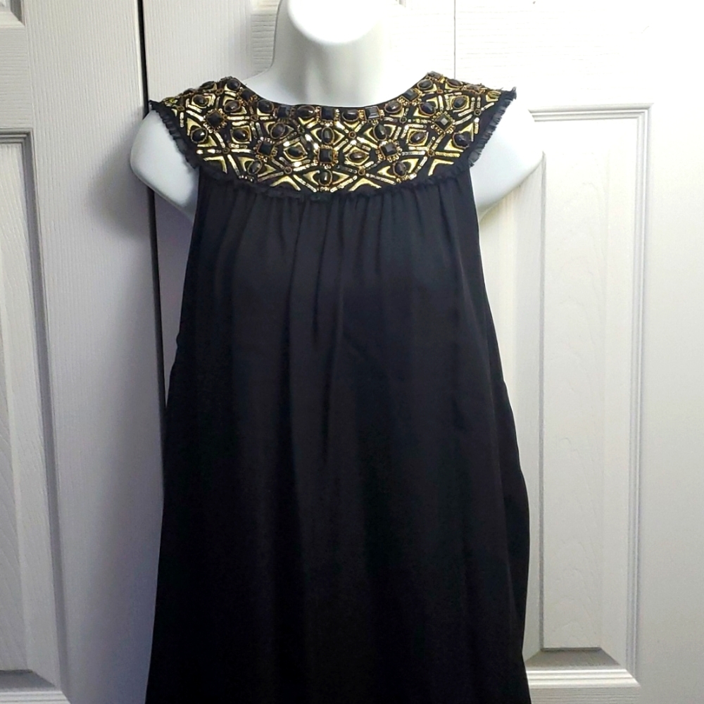 Alice + Olivia | 100% Silk Black Mini Dress with Beaded Neckline Sz M